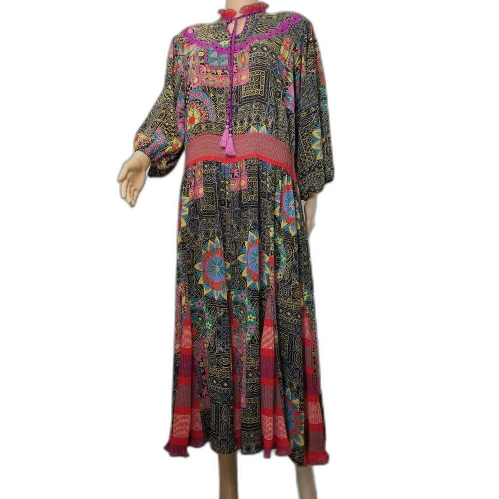 Vintage Red Lachine Boho Floral Maxi Blouson Dress Long Sleeve Tassel Size Med